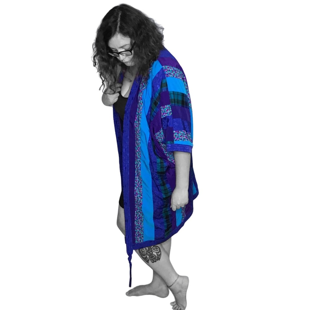 Blue Patchwork Robe Cocoon Style Kimono Vintage Oversized Christine White L XL
